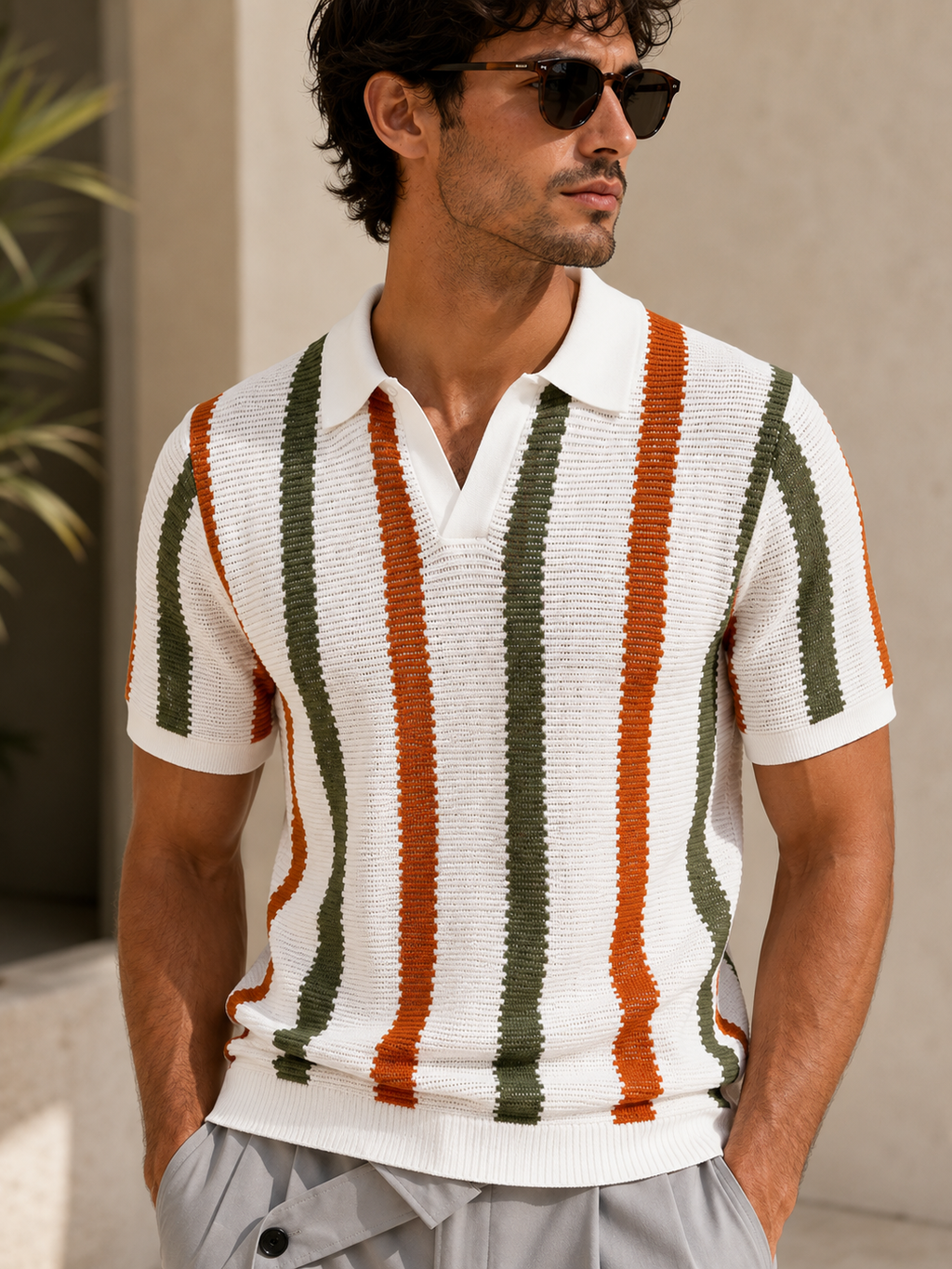 Men's Striped Knit Polo Shirt | NOION